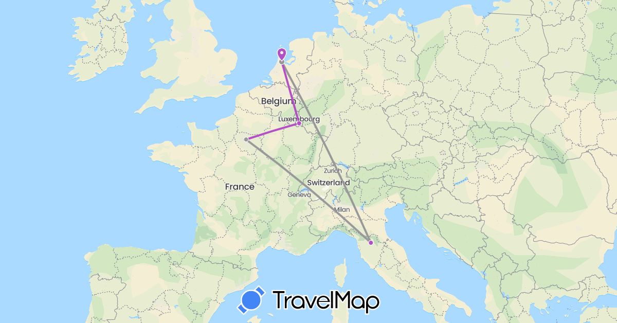 TravelMap itinerary: plane, train in France, Italy, Luxembourg, Netherlands (Europe)